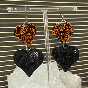 Black Heart Earrings, Crochet Heart Earrings, Halloween Earrings, Mother’s Day Gift, Spring Earrings, Orange And Black Heart Earrings