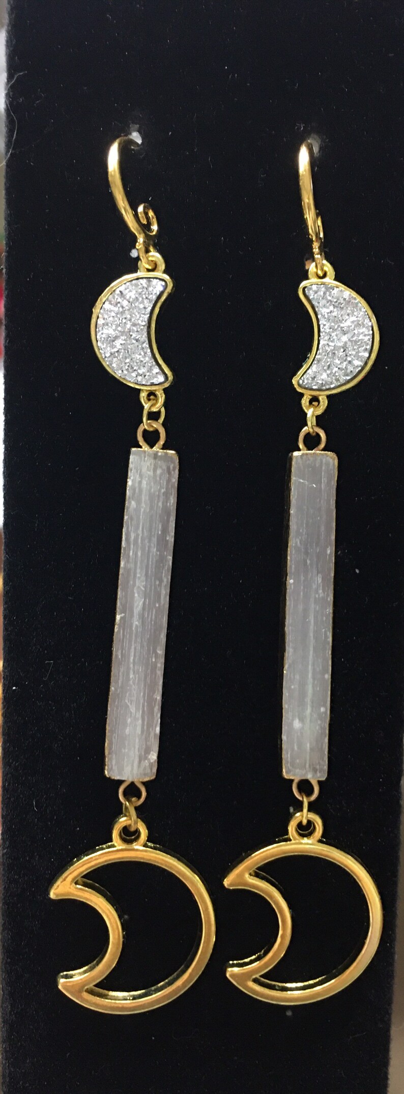 Celestial Jewelry Selenite Earrings Easter Gift Healing Jewelry Luna Earrings Celestial Earrings Crescent Moon Earrings