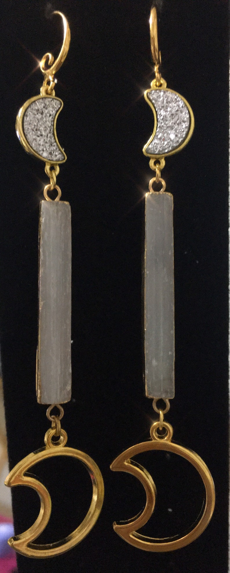 Celestial Jewelry Selenite Earrings Easter Gift Healing Jewelry Luna Earrings Celestial Earrings Crescent Moon Earrings