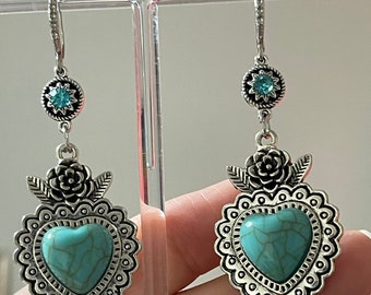 Sagrado Corazón Earrings, Heart Earrings, Milagros Jewelry, Milagros Earrings, Flaming Heart Earrings Mother’s Day Gift, Easter Gift