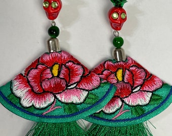 Flower Crown Dancing Skull Earrings, Sugar Skull Earrings, Embroidered Earrings, Dia De Los Muertos Earrings, Day Of The Dead Earrings