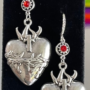 Sagrado Corazón Earrings, Sacred Heart Earrings, Aretes De Corazón, Aretes Mexicanos, Flaming Heart Earrings, Heart Earrings