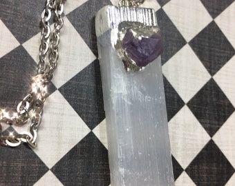 Selenite Amethyst Necklace, Selenite Bar Necklace, Selenite Jewelry, Mother’s Day Gift, Mother’s Day Necklace, Spring Necklace