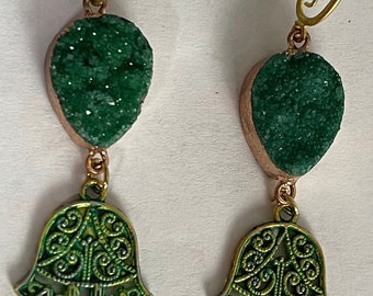 Green Druzy Hamsa Hand Earrings, Hand Of Fatima Druzy Earrings, Druzy Hamsa Jewelry, Protection Jewelry, Amulet Jewelry, Gift For Mom