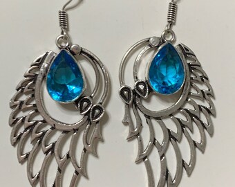 Blue Topaz .925 Silver Half Wing Earrings, Wings Earrings, Angel Wings Earrings, Metaphysics Jewelry, Mother’s Day Gift, Easter Gift