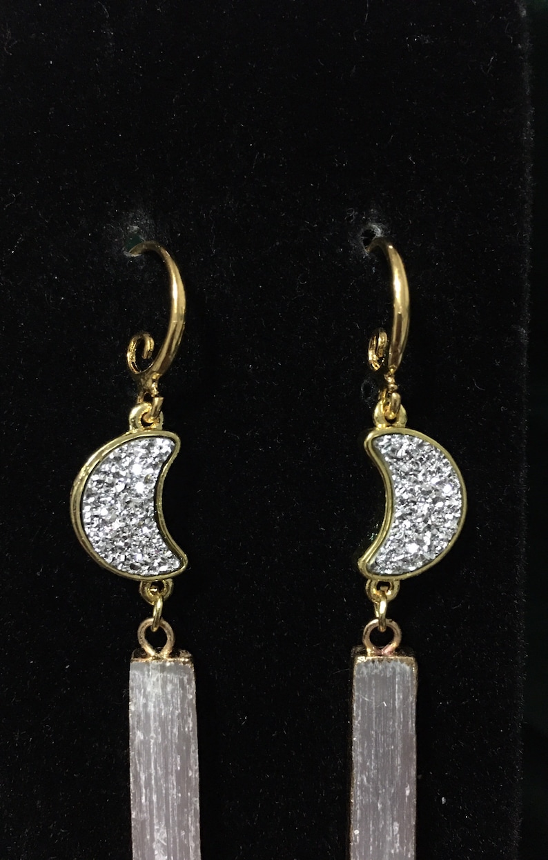 Celestial Jewelry Selenite Earrings Easter Gift Healing Jewelry Luna Earrings Celestial Earrings Crescent Moon Earrings