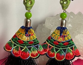 Flower Crown Dancing Skull Earrings, Sugar Skull Earrings, Embroidered Earrings, Dia De Los Muertos Earrings, Day Of The Dead Earrings