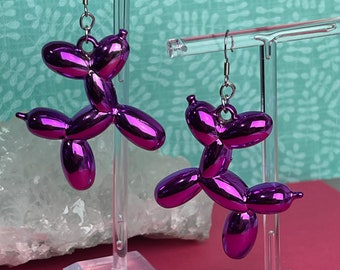 Purple Metallic Balloon Dog Earrings, Oversized Earrings, Acrylic Earrings, Big Balloon Animal Earrings, Dog Balloon Earrings