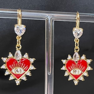 Red Sagrado Corazon Earrings, Sacred Heart Earrings, Aretes De Corazón, Mexican Milagro Heart Earrings, Sagrado Corazón Jewelry