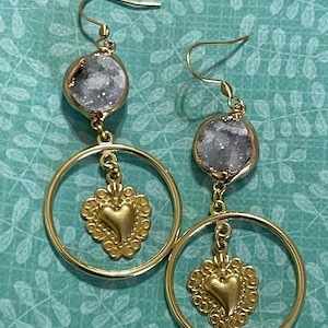Sagrado Corazon Earrings, Sacred Heart Earrings, Druzy Earrings, Summer Earrings, Mexican Milagro Heart Earrings, Festival Earrings