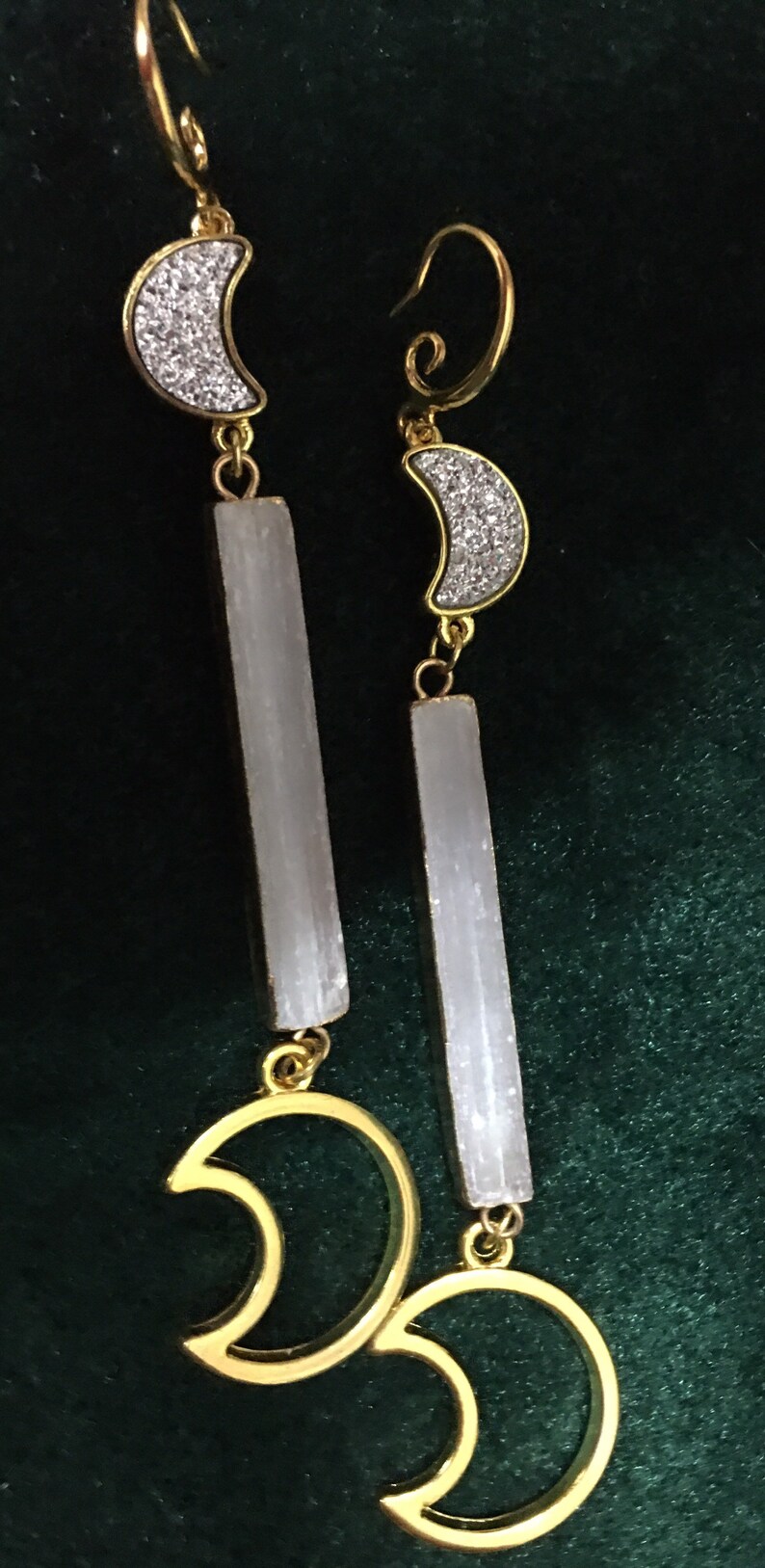 Celestial Jewelry Selenite Earrings Easter Gift Healing Jewelry Luna Earrings Celestial Earrings Crescent Moon Earrings