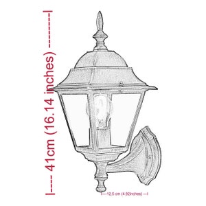 May include: A detailed sketch of a wall-mounted outdoor lamp. The lamp is 16.14 inches tall and 4.92 inches wide. It features a classic design with a glass enclosure and a decorative top. The lamp is designed to hold a light bulb.