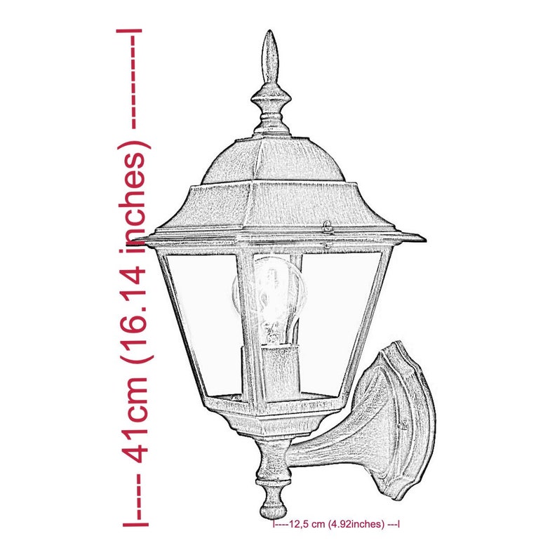 May include: A detailed sketch of a wall-mounted outdoor lamp. The lamp is 16.14 inches tall and 4.92 inches wide. It features a classic design with a glass enclosure and a decorative top. The lamp is designed to hold a light bulb.