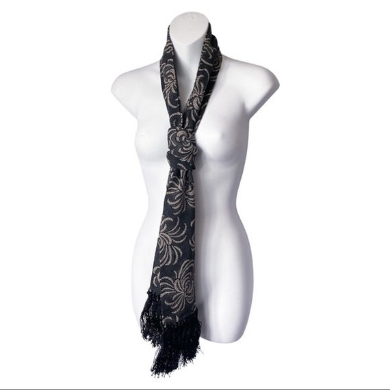 Vintage Floral Fern Jacquard Scarf Black Cream - image 5