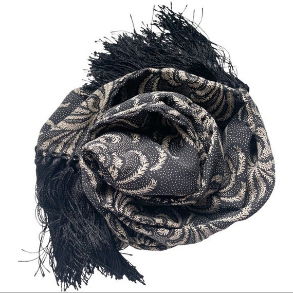 Vintage Floral Fern Jacquard Scarf Black Cream - image 2