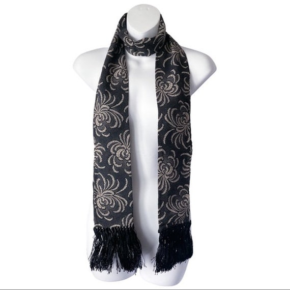 Vintage Floral Fern Jacquard Scarf Black Cream - image 4