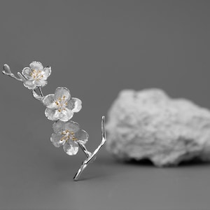 Sakura Flower Brooch-Sterling Silver Flower Twig Pin-Cherry Blossom-Bridesmaid Floral Jewelry-Gift for her