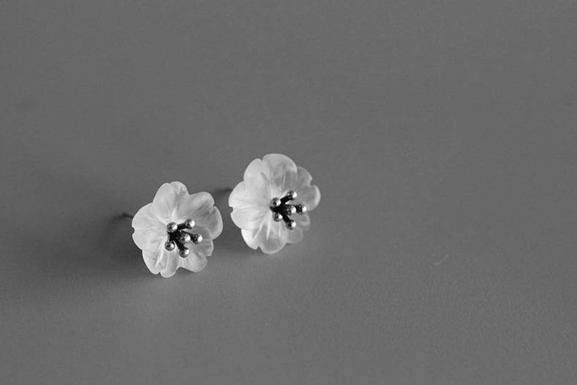 Cherry Blossom Earrings Crystal Flower Sterling Silver Stamens Etsy