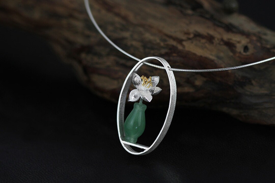 Silver Flower Vase Necklace Carving Bloom Lotus Green Gemstone Etsy