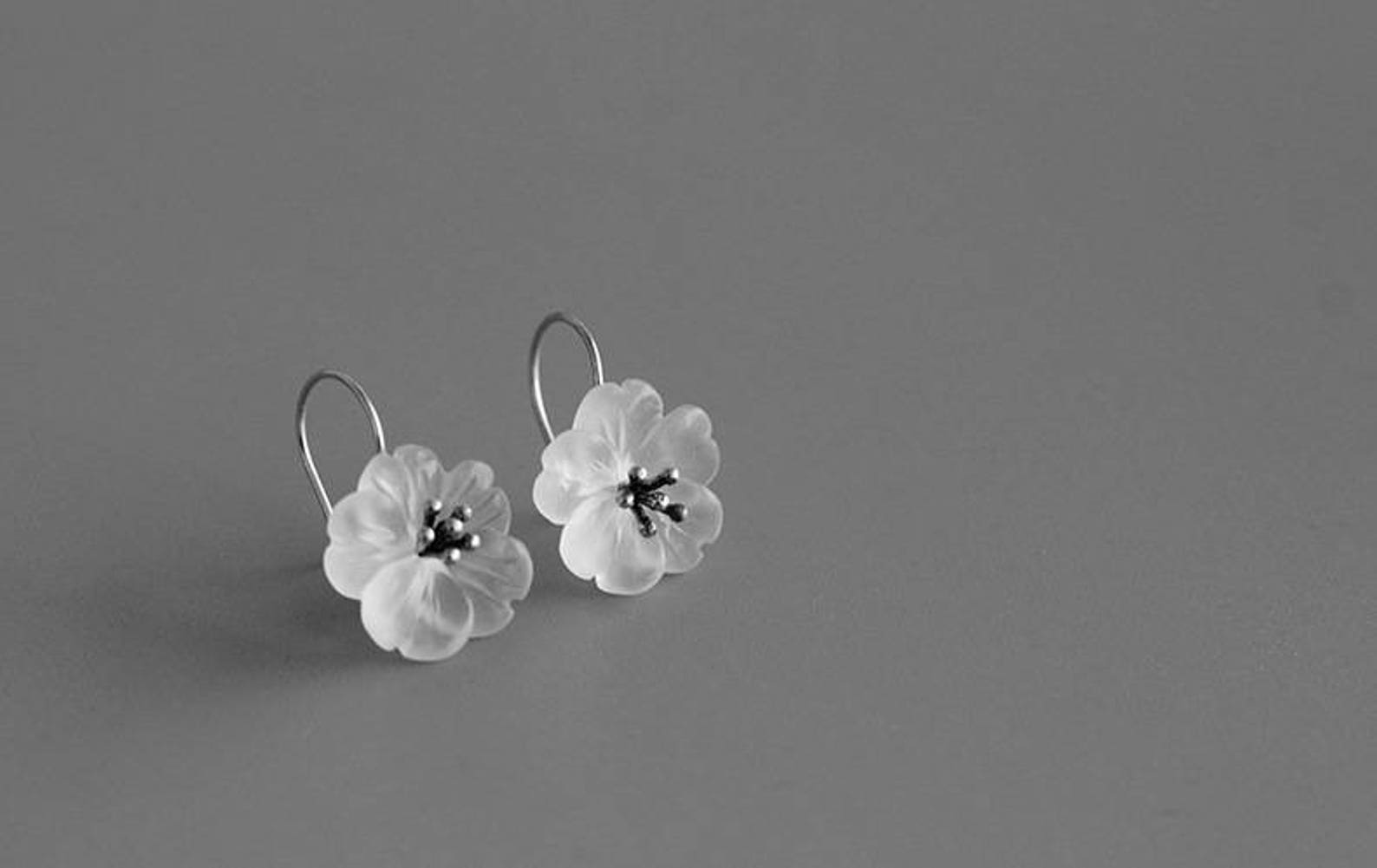 Cherry Blossom Earrings Crystal Flower Sterling Silver Stamens Etsy