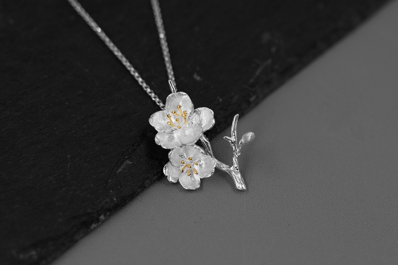 Sakura Flower Necklacesterling Silver Flower Twig Etsy