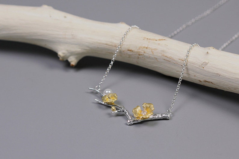 Plum Blossom Branch Necklace-sterling Silver Gold Flower Twig - Etsy