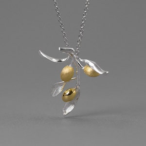 Olive Leaf Branch Necklace Charm-Sterling Silver Olive Twig Pendant-Gold Fruit-Silver Plant Jewelry-Gift for her