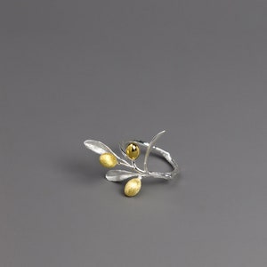 Olive Leaf Branch Ring-Sterling Silver Olive Twig Open Ring-Gold Fruit-Silver Plant Jewelry-Gift for her
