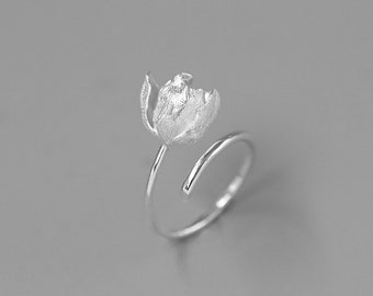 Tulip Flower Ring-Sterling Silver Tulip Blossom Adjustable Open Ring-Floral Silver Jewelry-Gift for her