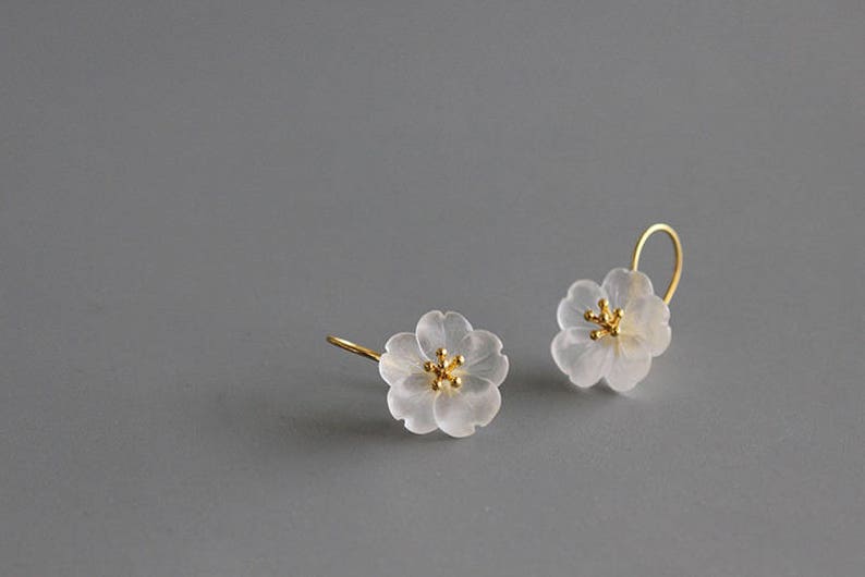 Cherry Blossom Earrings Crystal Flower Sterling Silver Stamens Etsy