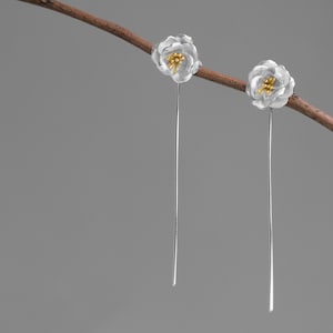 Camellia Flower Charm Earring-Sterling Silver Blossom Flower Dangle Earring-Spring Flower-Dainty Floral Jewelry-Gift for her