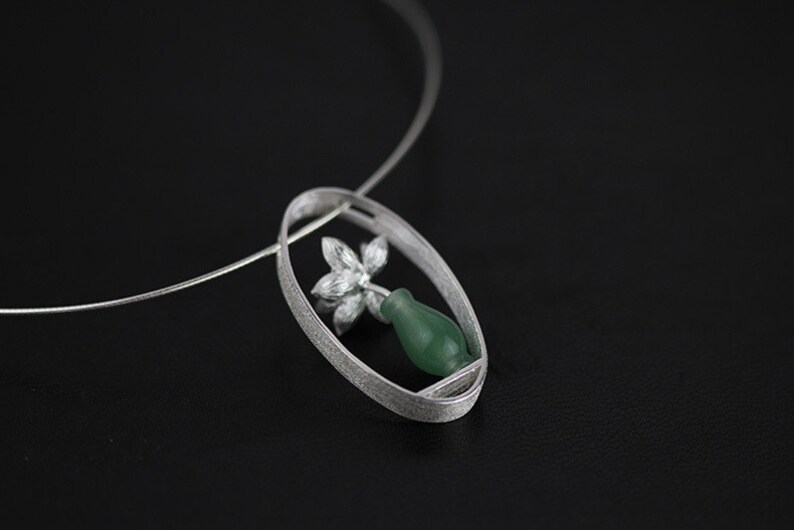 Silver Flower Vase Necklace Carving Bloom Lotus Green Gemstone Etsy