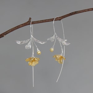 Begonia Flower Earring-Sterling Silver Blossom Flower Dangle Earring-Gold Flower Silver Leaf-Floral Jewelry-Bridesmaid gifts-Gift for her