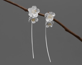Sakura Flower Earrings-Sterling Silver Flower Twig Dangle Earrings-Cherry Blossom-Bridesmaid Floral Jewelry-Gift for her