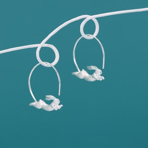 Running Rabbit Charm Earrings-Sterling Silver Ribbit Hoop Earring-Long Ear-Cute Animal Jewelry-Gift for her