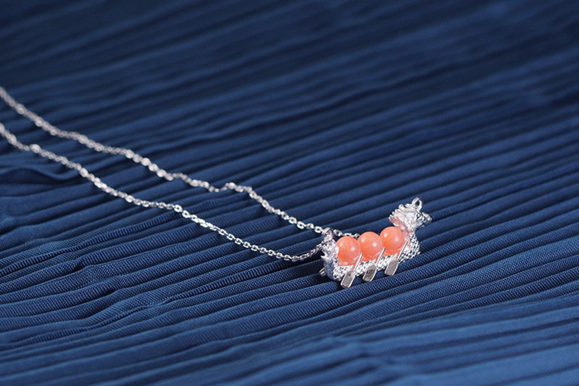 Dragon Boat Necklacesterling Silver Dragon Boat Gemstone Etsy