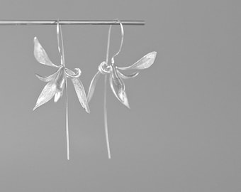 Boucles d'oreilles orchidées Bloom-Boucles d'oreilles pendantes orchidées en argent sterling-Orchidée véritable-Bijoux floraux en argent-Cadeau pour femme