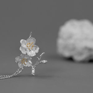 Sakura Flower Necklace-Sterling Silver Flower Twig Pendant-Cherry Blossom-Bridesmaid Floral Jewelry-Gift for her