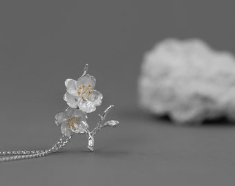 Sakura Flower Necklace Charm-Sterling Silver Flower Twig Pendant-Cherry Blossom-Bridesmaid Floral Jewelry-Gift for her