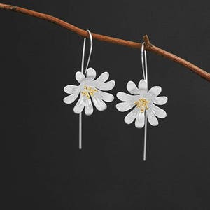 White Blossom Flower Earring-Sterling Silver Flower Dangle Earring-Spring Flowers-Gold Stamen-Long Dangle-Gift for her
