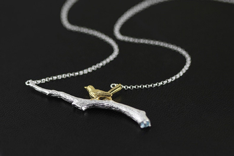 Bird on Twig Necklace Sterling Silver Twig Bird Charm Necklace Etsy