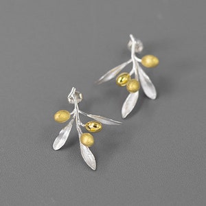 Olive Leaf Branch Earrings-Sterling Silver Olive Twig Stud Earrings-Gold Fruit-Silver Plant Jewelry-Gift for her