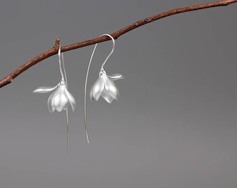Magnolia Flower Earring-Sterling Silver Flower Charm Dangle-Real Flower-Glossy Twig-Magnolia Jewelry-Gift for her