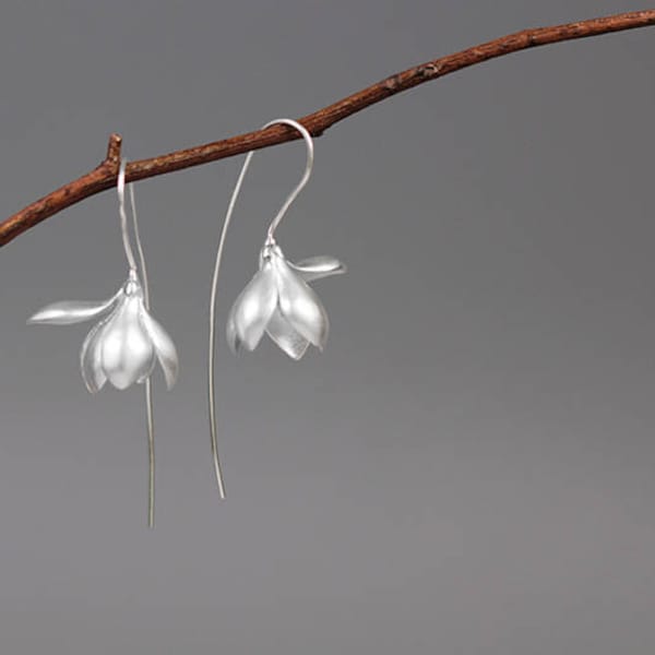 Magnolia Flower Earring-Sterling Silver Flower Charm Dangle-Real Flower-Glossy Twig-Magnolia Jewelry-Gift for her