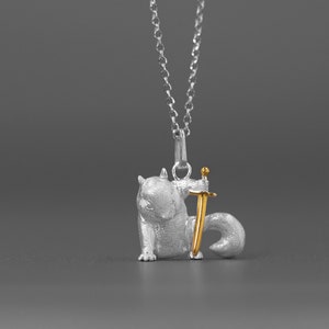 Cute Squirrel Charm Necklace-Sterling Silver Squirrel Hold Sword Pendant-Gold Sword-Cartoon Animal Jewelry-Gift for her