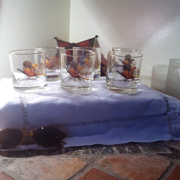 Vintage MCM Cocktail Rock Glasses (6) with Pheasant