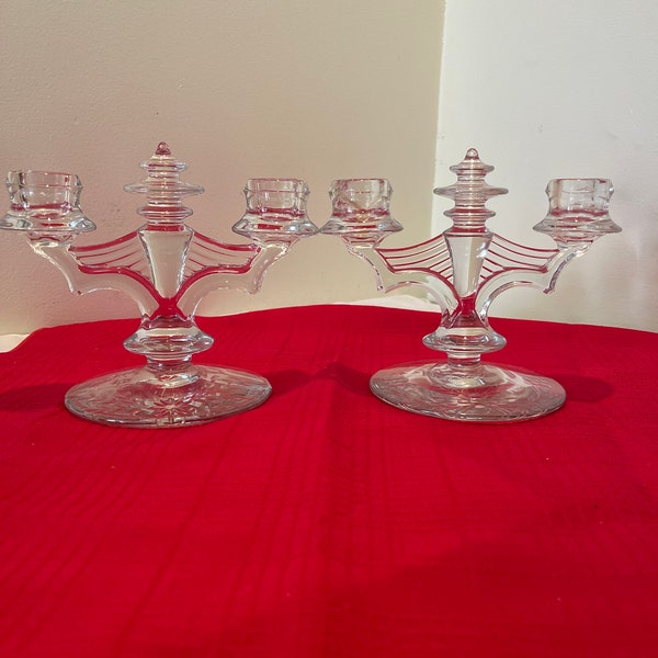 Art, deco, clear glass pair of double candle holder, candelabra, style edge base