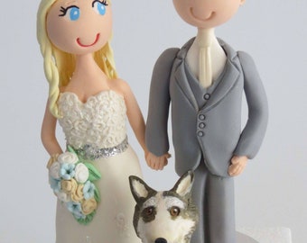 Standing Bride & Groom with 1 dog or cat- Wedding Cake Topper Figurines