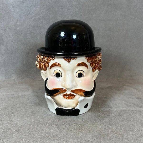 RARE Pot à tabac en porcelaine anthropomorphe en forme d'homme à moustache et chapeau vintage Années 1950