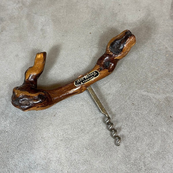 Vintage corkscrew in varnished vine shoot marked Jean Berger à Pommard vintage made in France